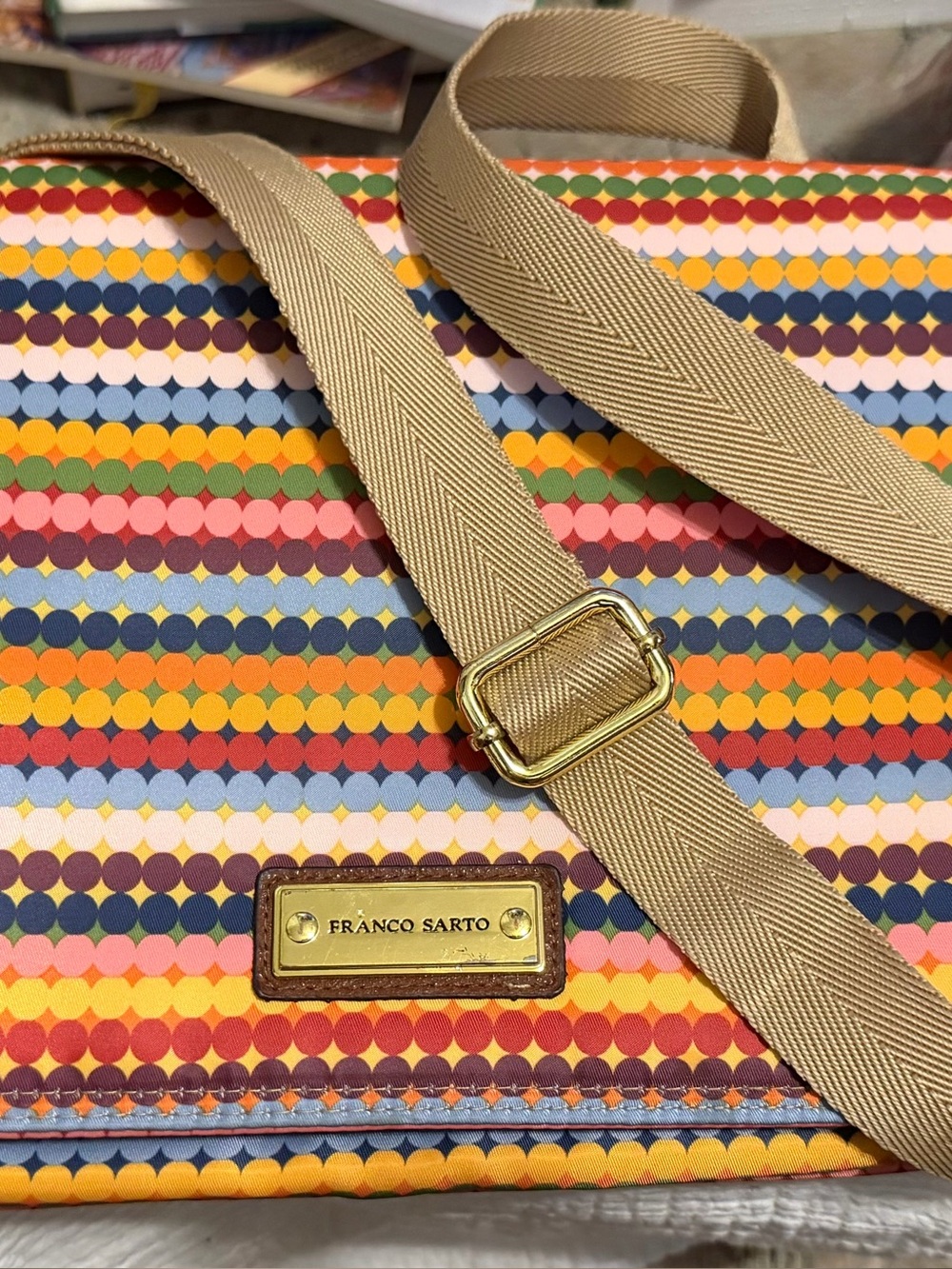 Franco Sarto Multicolor Dot-Print Crossbody with Tan Strap